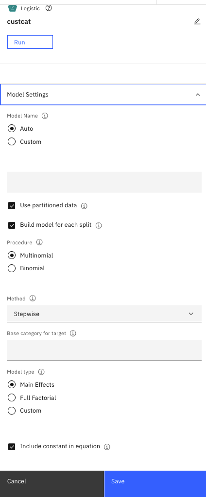 Logistic node Model Settings