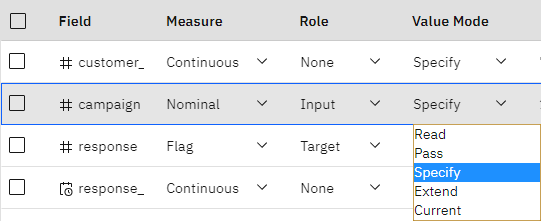 Choose to specify values for a field