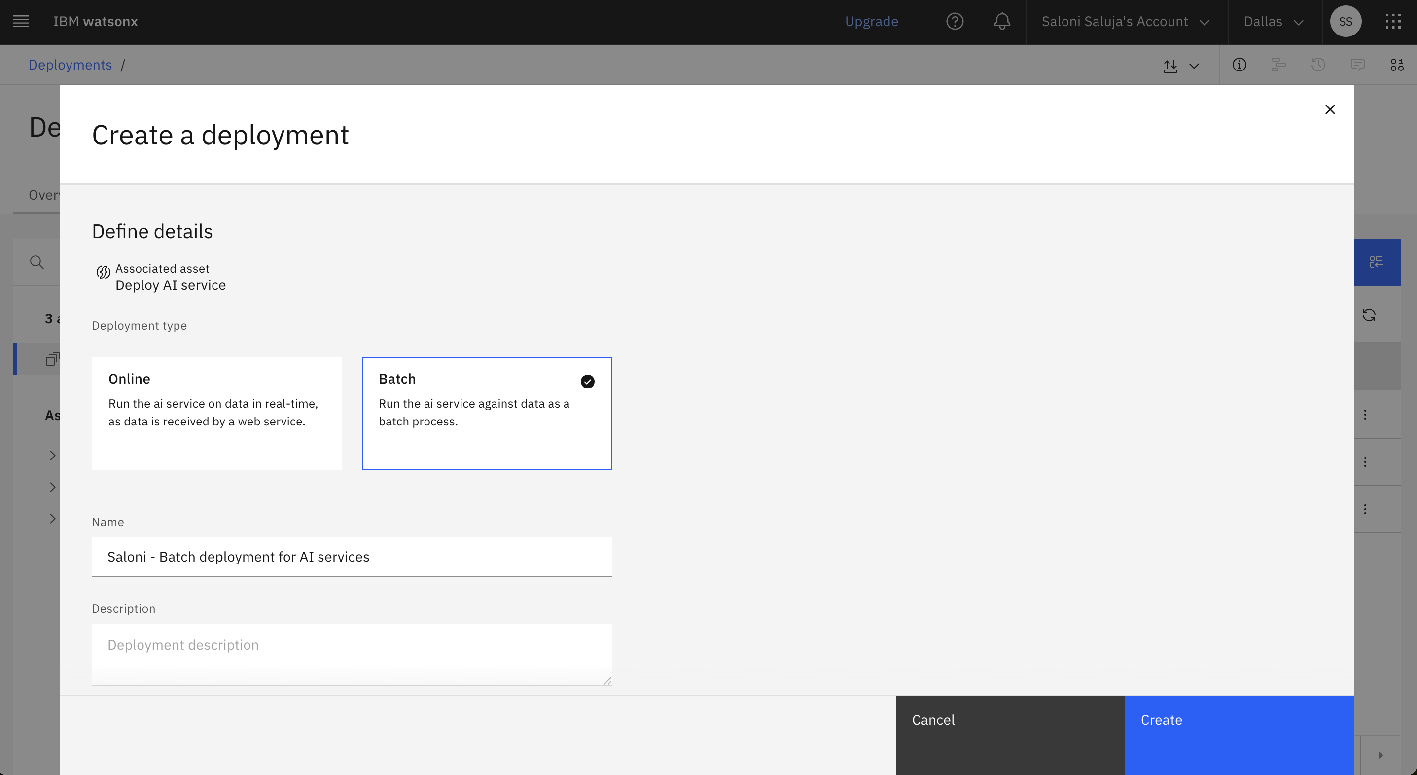 Screenshot shows how to create a batch deployment for an AI service