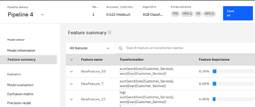 Feature summary of individual pipeline