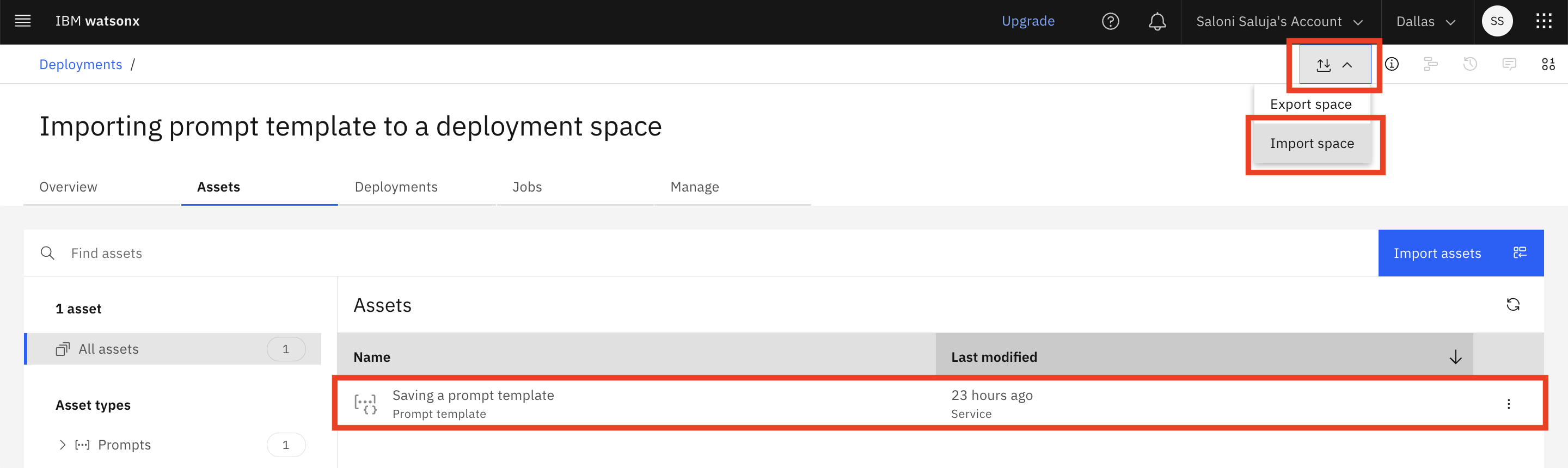 Importing a prompt template to a deployment space