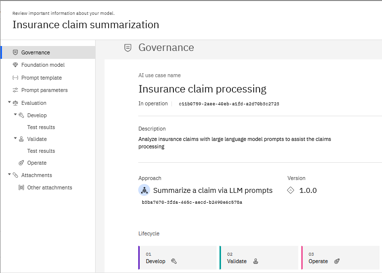 Viewing the factsheet for a tracked prompt template in an AI use case