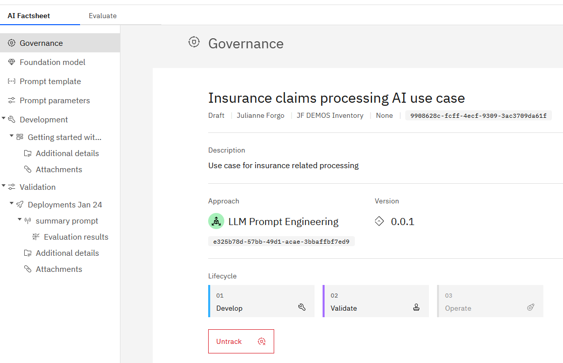 Vewing a factsheet for a tracked prompt template