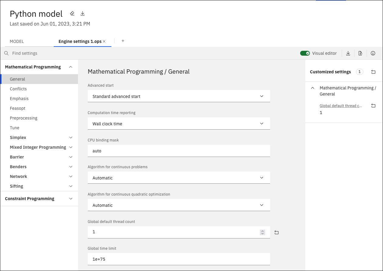 Engine settings .ops file shown open in Visual Editor view with one customised parameter