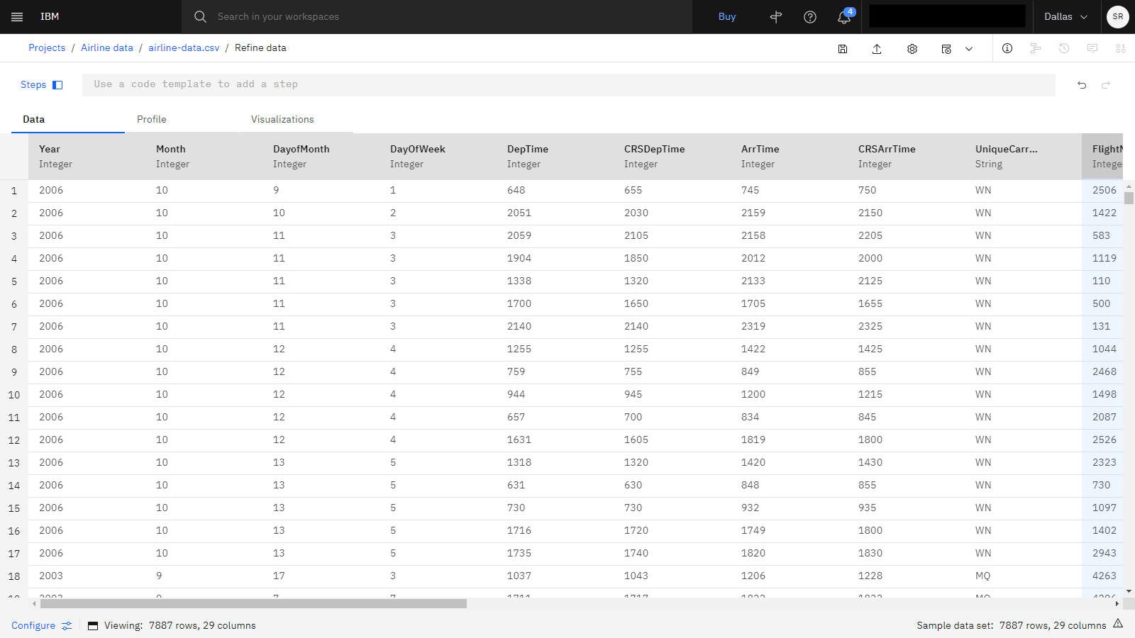 The following image shows the airline data asset open in Data Refinery.