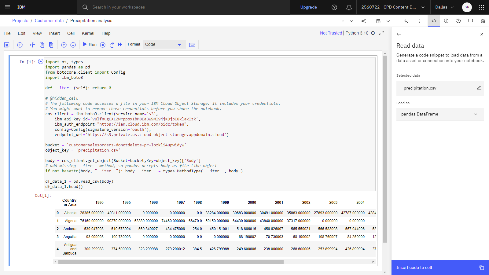 The following image shows the notebook with the pandas DataFrame.