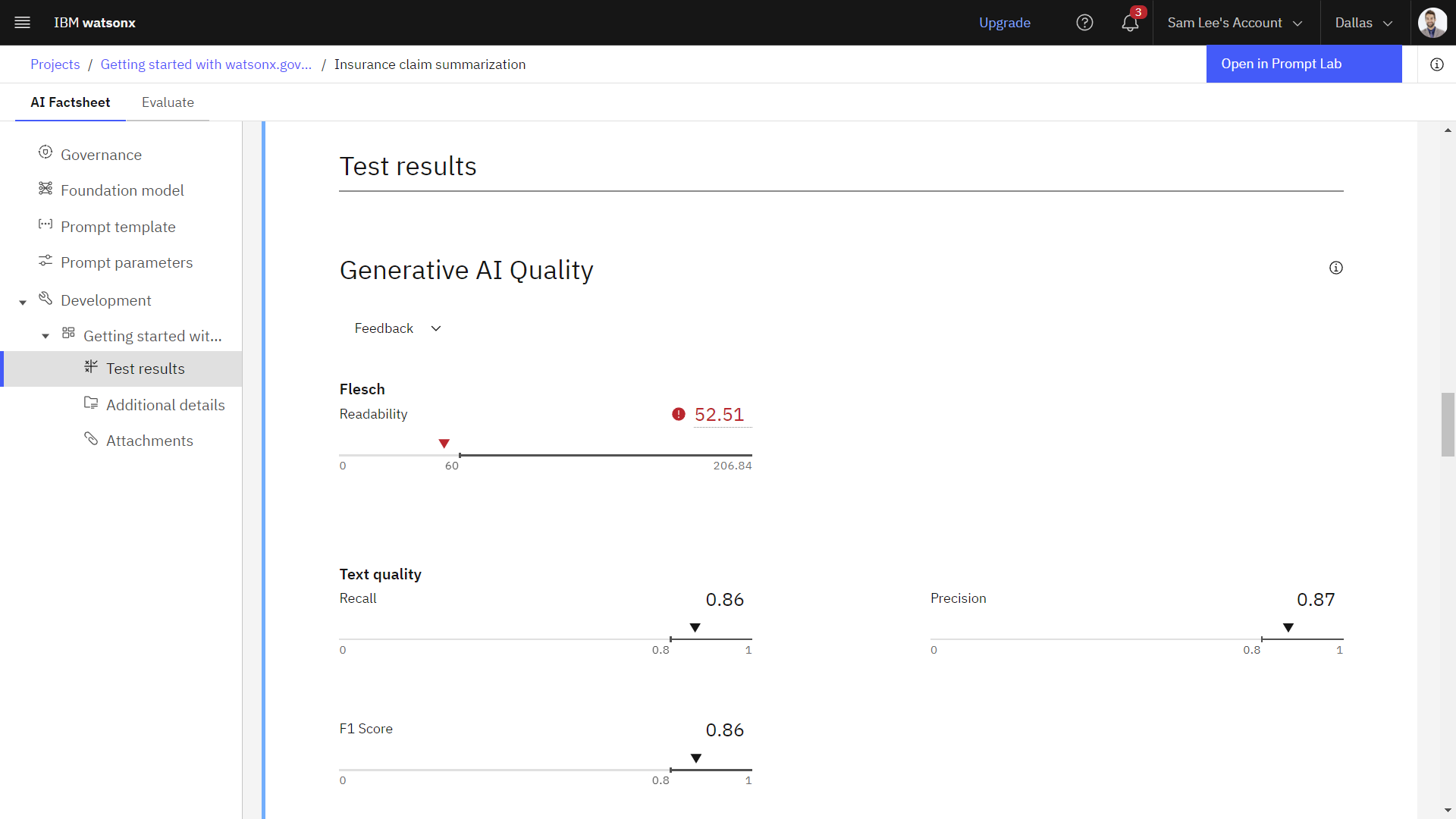 Prompt template evaluation test results