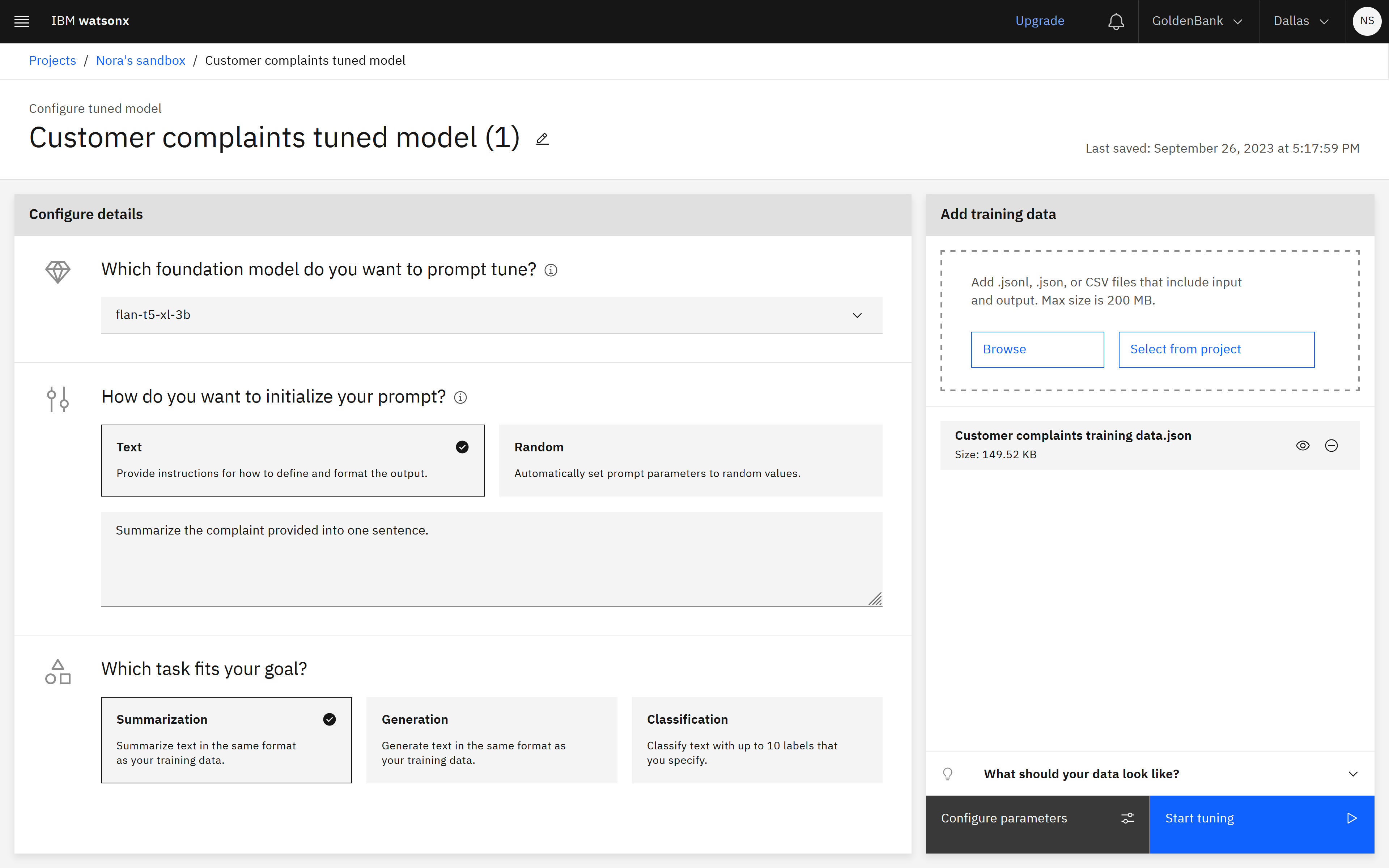 The following image shows the configured tuning experiment.