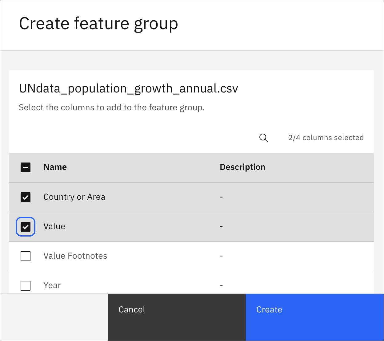 Select the feature group columns