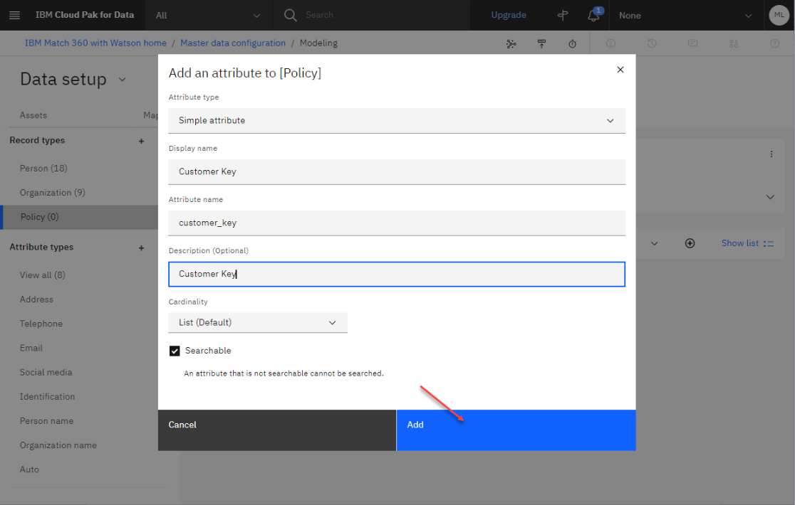 Example image of adding attributes to the Policy record type