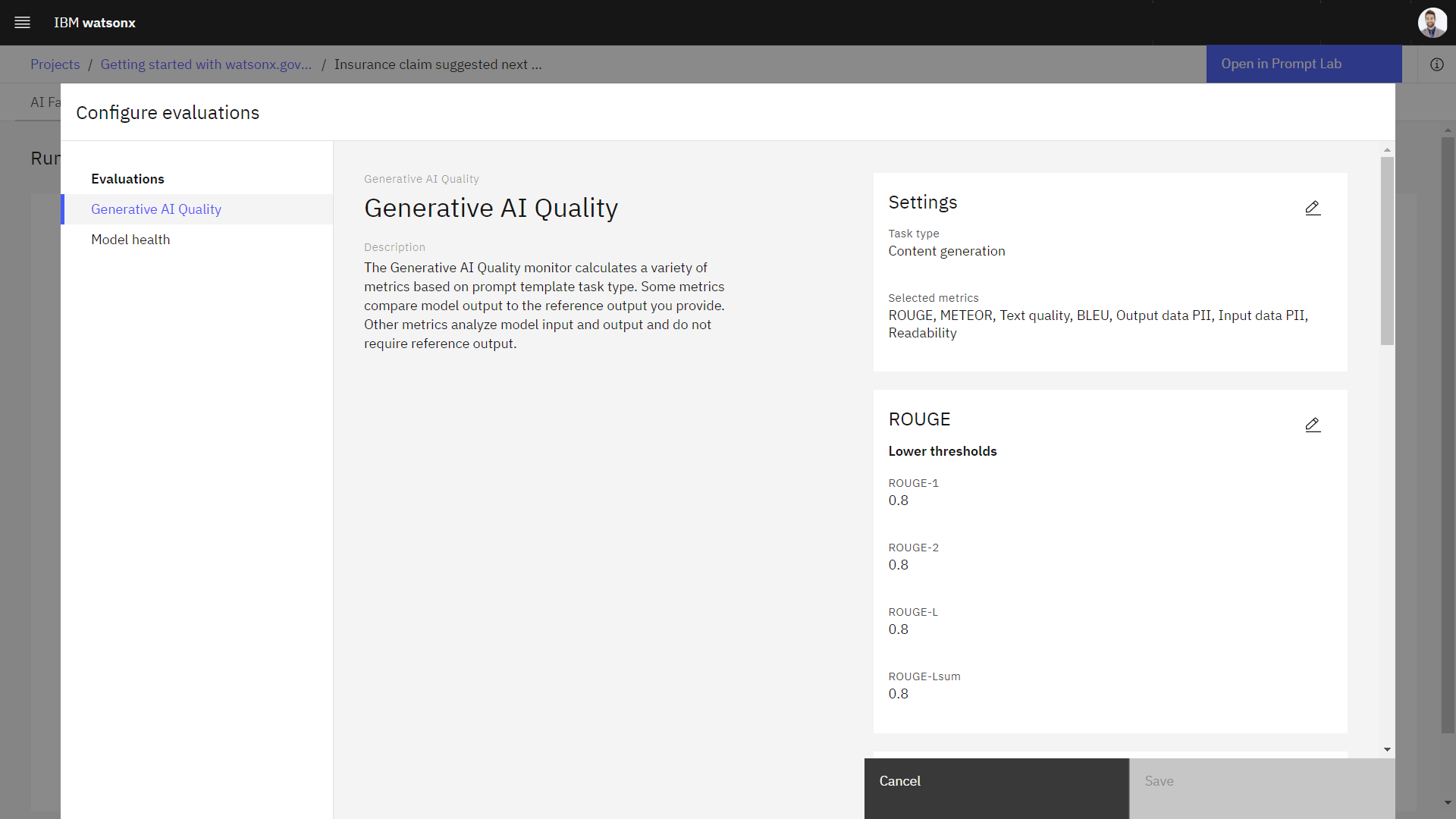 Configure generative AI quality evaluations