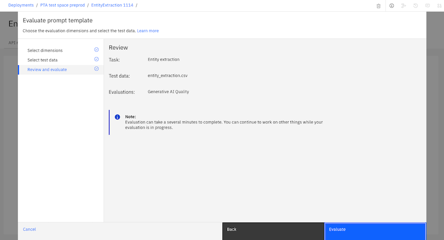 Review and evaluate prompt template evaluation settings