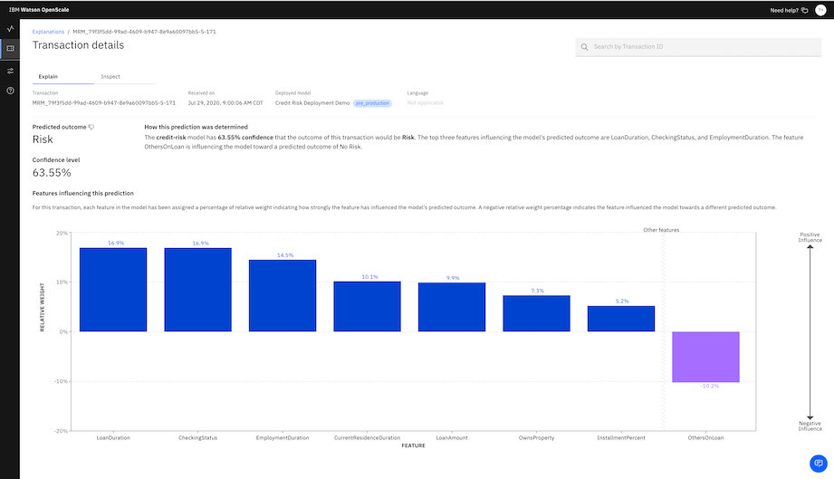 Explainability image classification chart is displayed. It shows confidence levels for the tabular data model